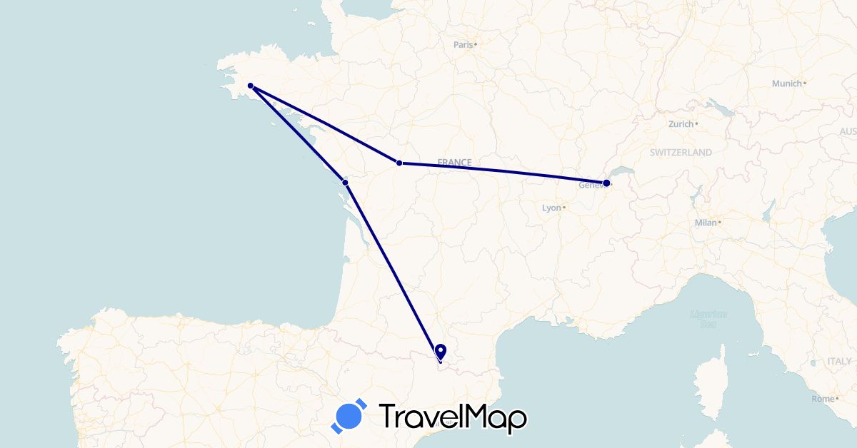 TravelMap itinerary: driving in Andorra, Switzerland, France (Europe)